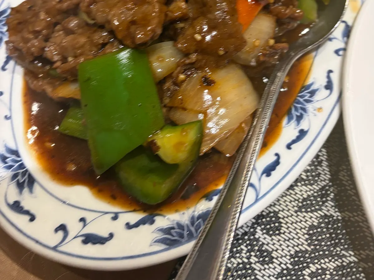 A blue and white decorative plate with chunks of beef and vegetables in brown sauce.