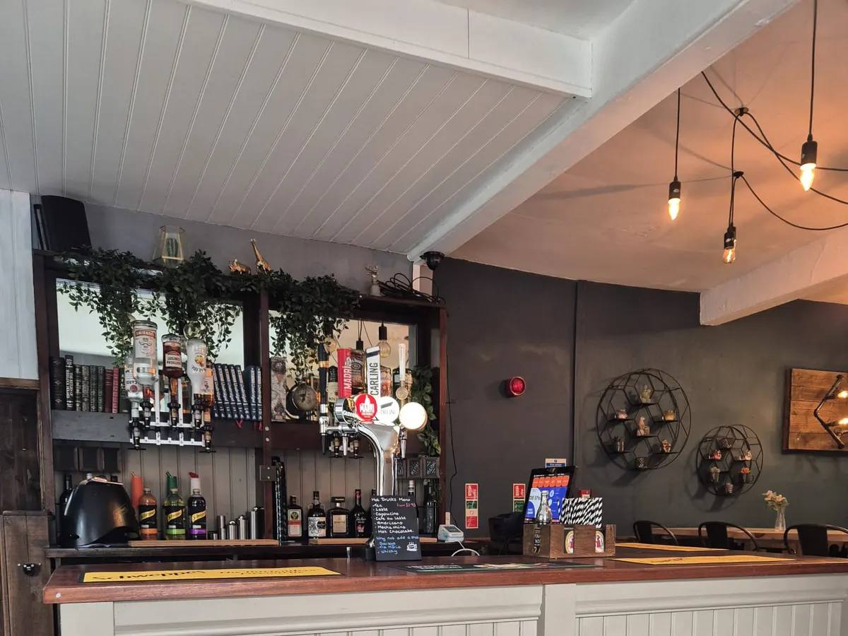 The White Swan bar counter showing bottles, hanging plants, decorative items, and mood lighting.